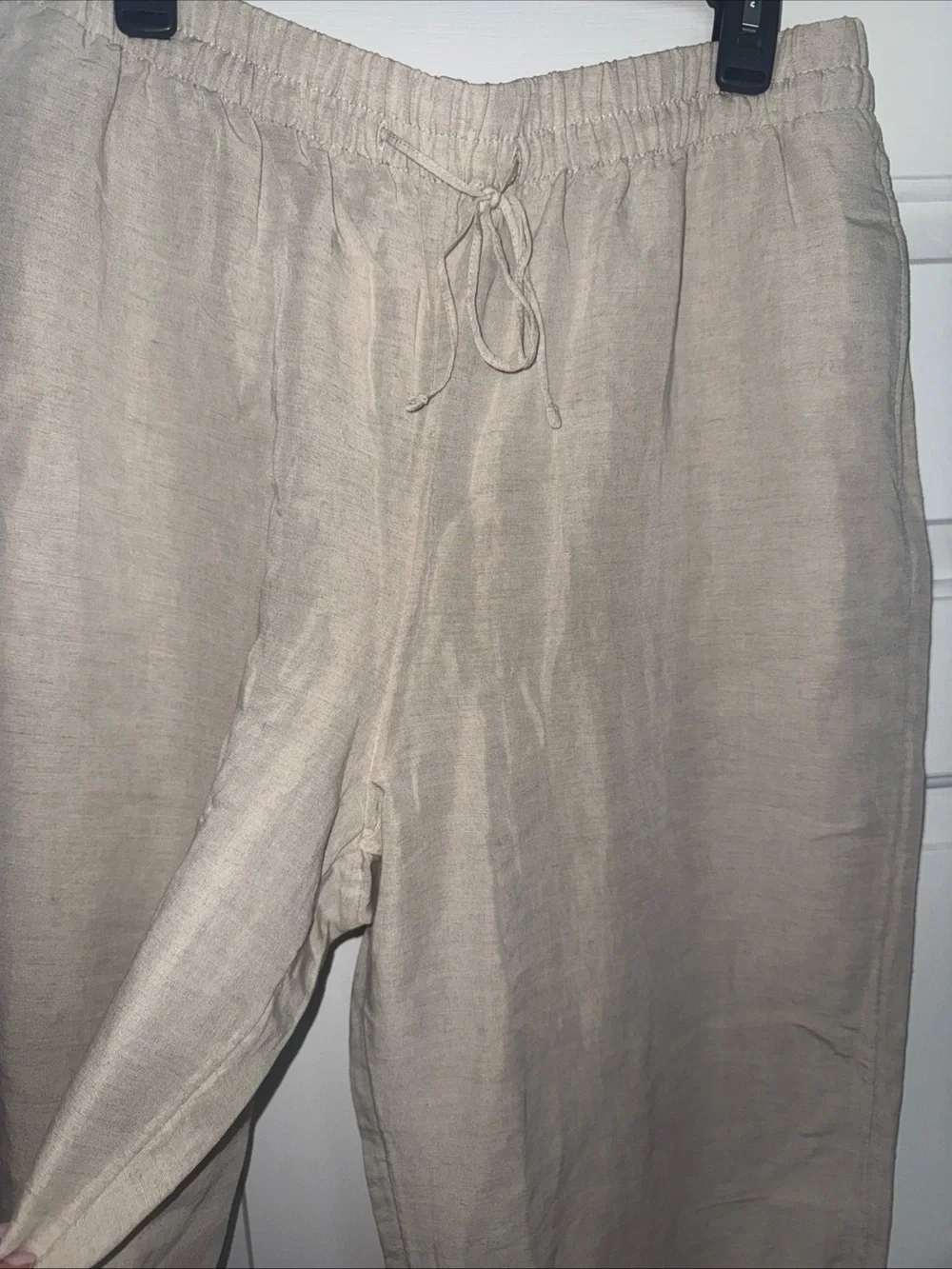 H&M Womens Large Light Beige Linen-Blend Elastic Waist Straight Leg Pants NWT